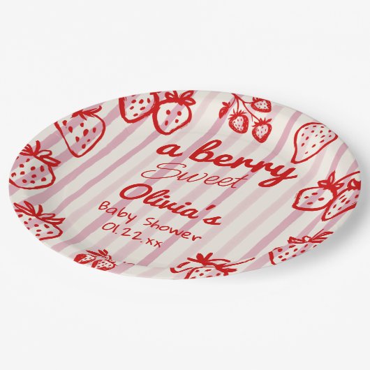 Handgezeichnete rosa rote Erdbeeren Babydusche Pappteller (Schrägansicht)
