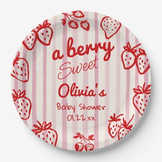 Handgezeichnete rosa rote Erdbeeren Babydusche Pappteller (Vorderseite)