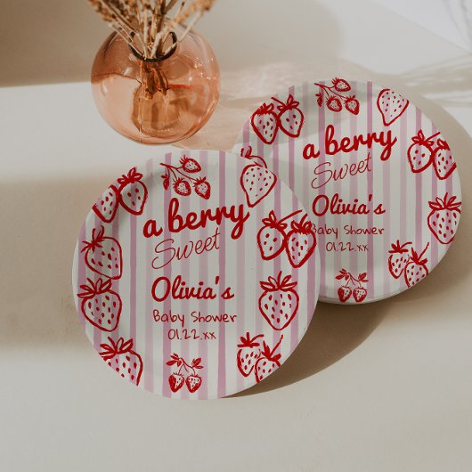 Handgezeichnete rosa rote Erdbeeren Babydusche Pappteller