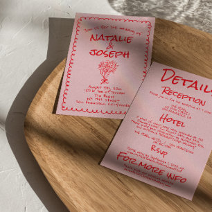 Handgezeichnete rosa rote Retro-All-in-One-Hochzei Einladung