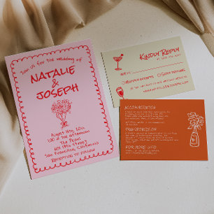 Handgezeichnete rosa rote Retro-unique quirky Hoch Einladung