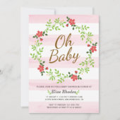 Handgezeichnete rosa Streifen Blume Kränze Babydus Einladung (Vorderseite)