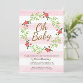 Handgezeichnete rosa Streifen Blume Kränze Babydus Einladung (Stehend Vorderseite)