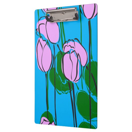 Handgezeichnete rosa Tulips auf Sky Blue Klemmbrett (Links)