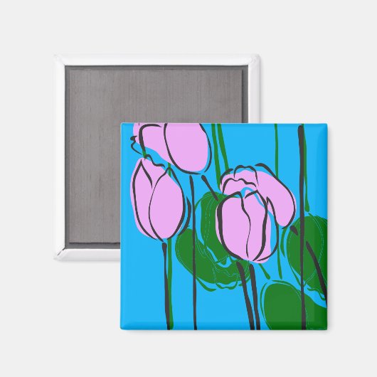 Handgezeichnete rosa Tulips auf Sky Blue Magnet (Vorderseite/Rückseite)