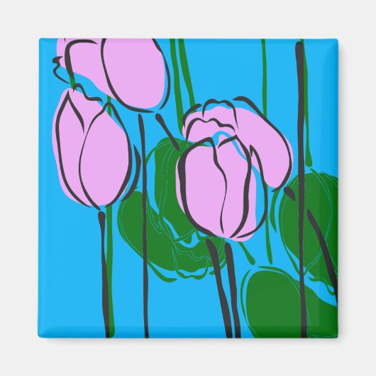 Handgezeichnete rosa Tulips auf Sky Blue Magnet (Vorne)