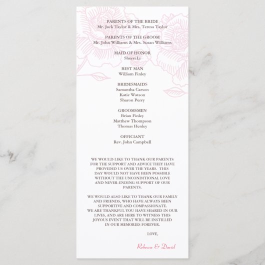 Handgezeichnete Rose Hochzeitsprogramm rosa Programm (Rückseite)
