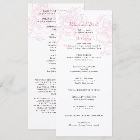 Handgezeichnete Rose Hochzeitsprogramm rosa Programm (Vorne/Hinten)