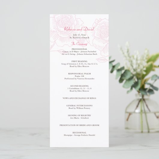 Handgezeichnete Rose Hochzeitsprogramm rosa Programm (Stehend Vorderseite)