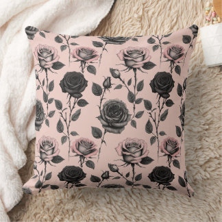 Handgezeichnete Rosen in Schwarz auf verblasstem R Kissen