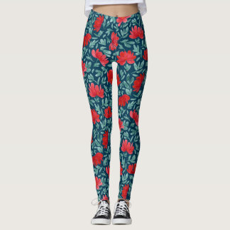 Handgezeichnete rote Blume auf blauem Untergrundta Leggings