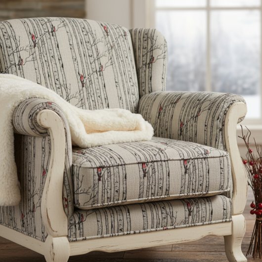 Handgezeichnete rote Kardinäle auf Birkenbranchen Stoff