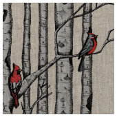 Handgezeichnete rote Kardinäle auf Birkenbranchen Stoff (Nahaufnahme)