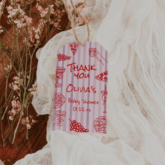 Handgezeichnete rote Pizza Ciao Lila Babydusche Geschenkanhänger