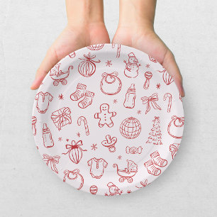 Handgezeichnete rote rosa Santa Baby Holiday Baby Pappteller