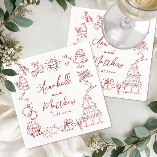 Handgezeichnete rote wunderliche Hochzeit Serviette