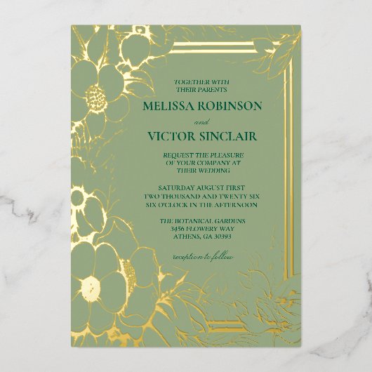 Handgezeichnete Sage Grüne Hochzeit Folieneinladung (Vorderseite)