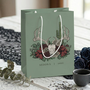 Handgezeichnete Salbeigrüne Dunkle Florale Rentier Mittlere Geschenktüte