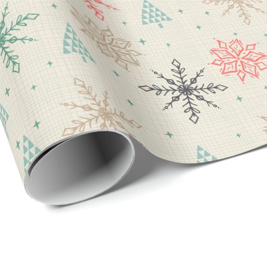 Handgezeichnete Schneeflocken Weihnachtsbäume Mult Geschenkpapier (Rolleneckpunkt)