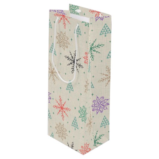 Handgezeichnete Schneeflocken Weihnachtsbäume Mult Geschenktüte Für Weinflaschen (Vorderseite Schrägansicht)