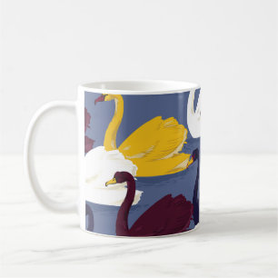 Handgezeichnete Schwäne, blaues Seemuster. Kaffeetasse