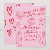 Handgezeichnete Schwarz-Weiß-Doodle von Bräutigam  Save The Date (Vorne/Hinten)