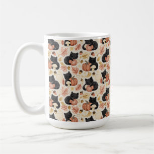 Handgezeichnete schwarze Katzen-Kürbisse und Laub Kaffeetasse