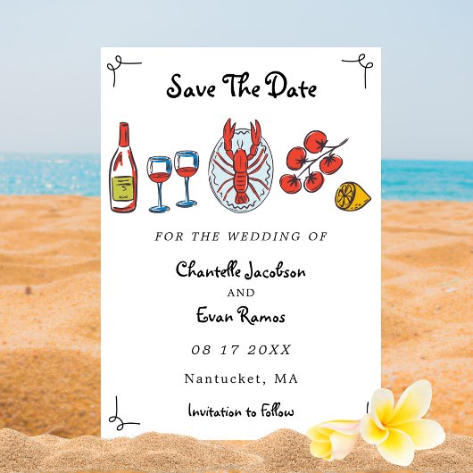 Handgezeichnete Seafood Hummer Strand Hochzeit The Save The Date