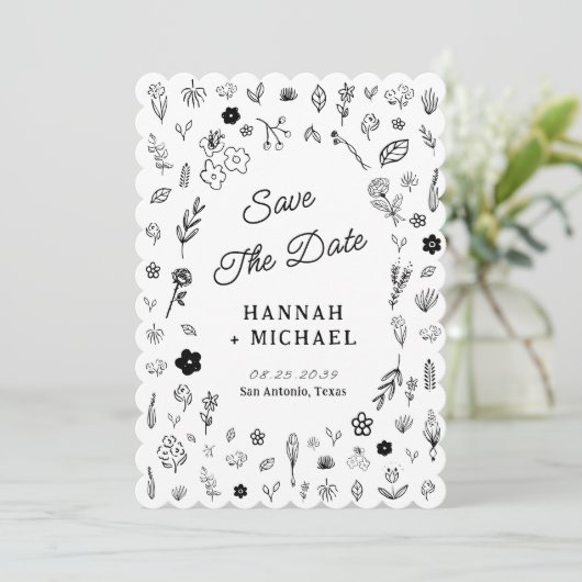 Handgezeichnete Skizze Blumen Hochzeit Save The Date (Stehend Vorderseite)