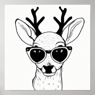 Handgezeichnete Skizze des Hirsches mit Brille Poster