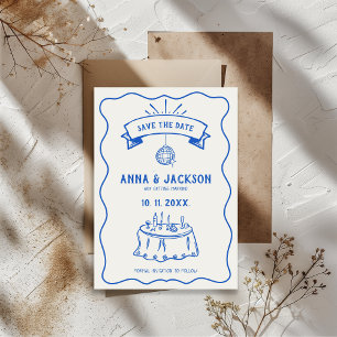 Handgezeichnete Skurrile Retro-Zeichnung Blaue Hoc Save The Date