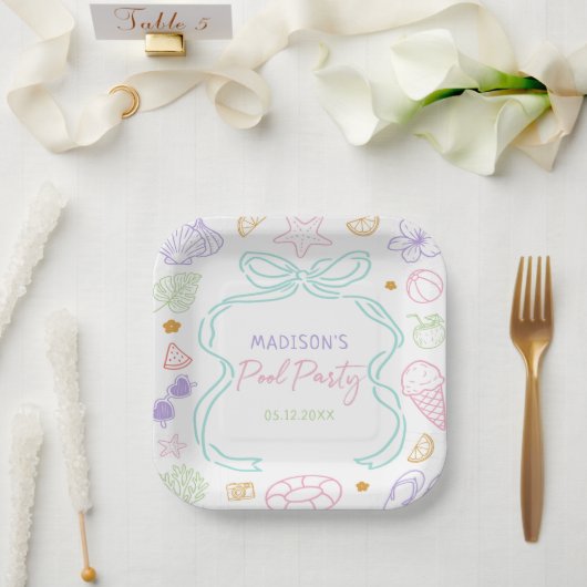 Handgezeichnete Sommer-Poolparty-Geburtstagspapier Pappteller (Hochzeit)