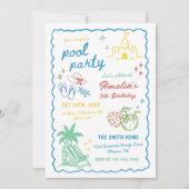 Handgezeichnete Sommer-Spaß-Poolparty Einladung (Vorderseite)