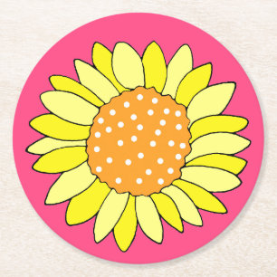 Handgezeichnete Sonnenblume Rosa Hintergrund Runder Pappuntersetzer