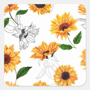 Handgezeichnete Sonnenblumen: lebendiges gelbes Mu Quadratischer Aufkleber