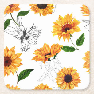 Handgezeichnete Sonnenblumen: lebendiges gelbes Mu Rechteckiger Pappuntersetzer