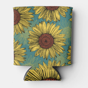 Handgezeichnete Sonnenblumen Mint Blau Dosenkühler