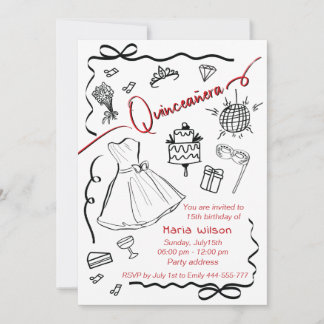 Handgezeichnete, spielerische Prinzessin Quinceañe Einladung