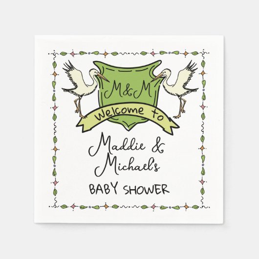 Handgezeichnete Stork Wappen Babydusche Serviette (Vorderseite)