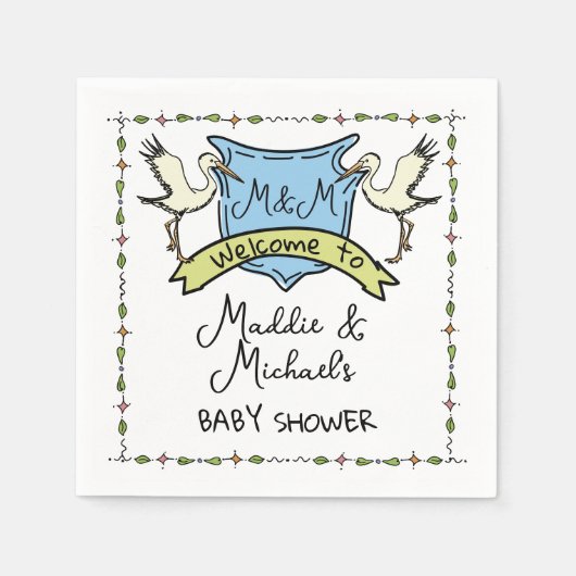 Handgezeichnete Stork Wappen Babydusche Serviette (Vorderseite)