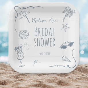 Handgezeichnete Strand-Doodle-Illustrationen Braut Pappteller