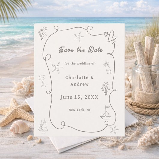 Handgezeichnete Strand-Hochzeit 'Save the Date' in Flyer