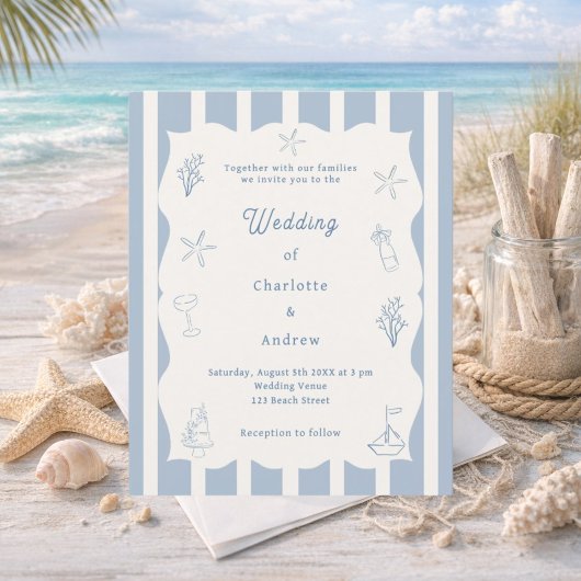 Handgezeichnete Strandblaue Elfenbeinhochzeitseinl