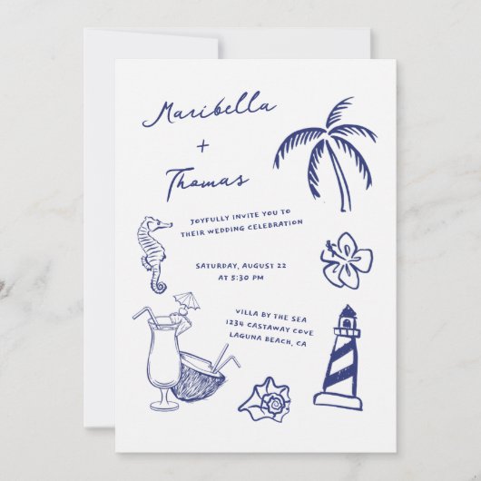 Handgezeichnete Stranddoodles in einer Hochzeit Einladung (Vorderseite)