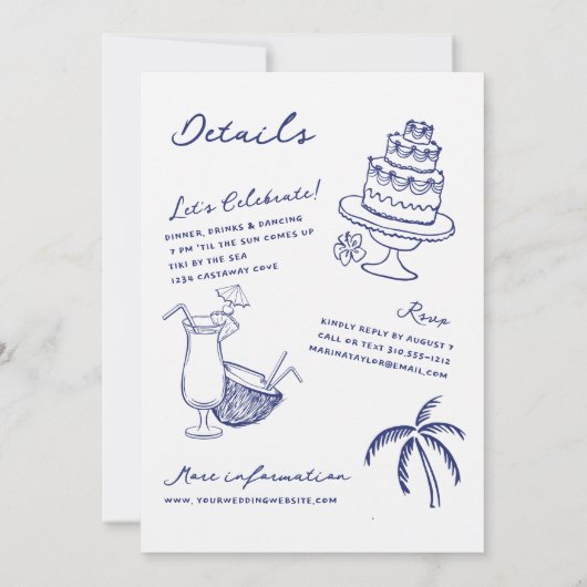 Handgezeichnete Stranddoodles in einer Hochzeit Einladung (Rückseite)