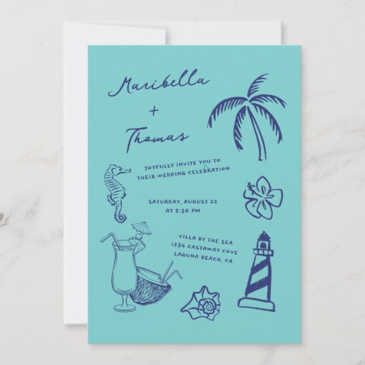 Handgezeichnete Stranddoodles in einer Hochzeit Einladung (Vorderseite)