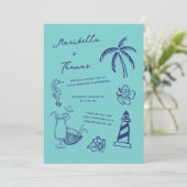 Handgezeichnete Stranddoodles in einer Hochzeit Einladung (Stehend Vorderseite)