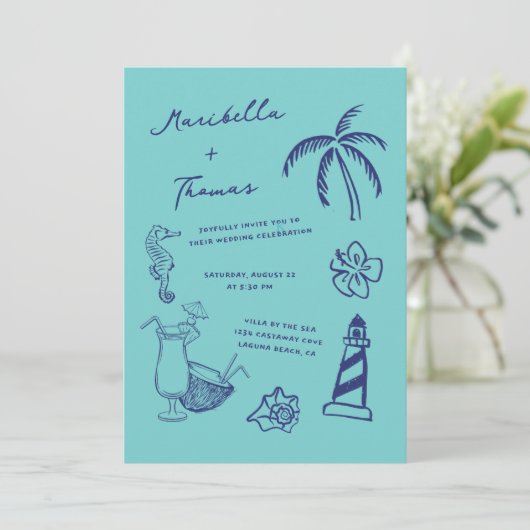 Handgezeichnete Stranddoodles in einer Hochzeit Einladung (Stehend Vorderseite)