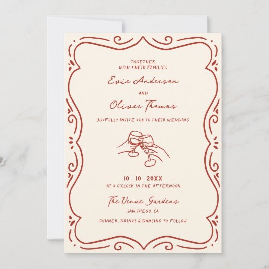 Handgezeichnete Terracotta-Rahmen Hochzeit Einladung (Vorderseite)