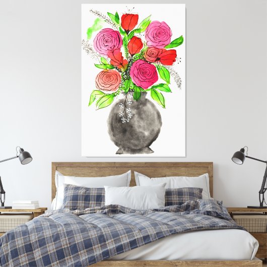 Handgezeichnete Tinte Doodle Rosa und Rote Wasserf Leinwanddruck (Insitu (Schlafzimmer))